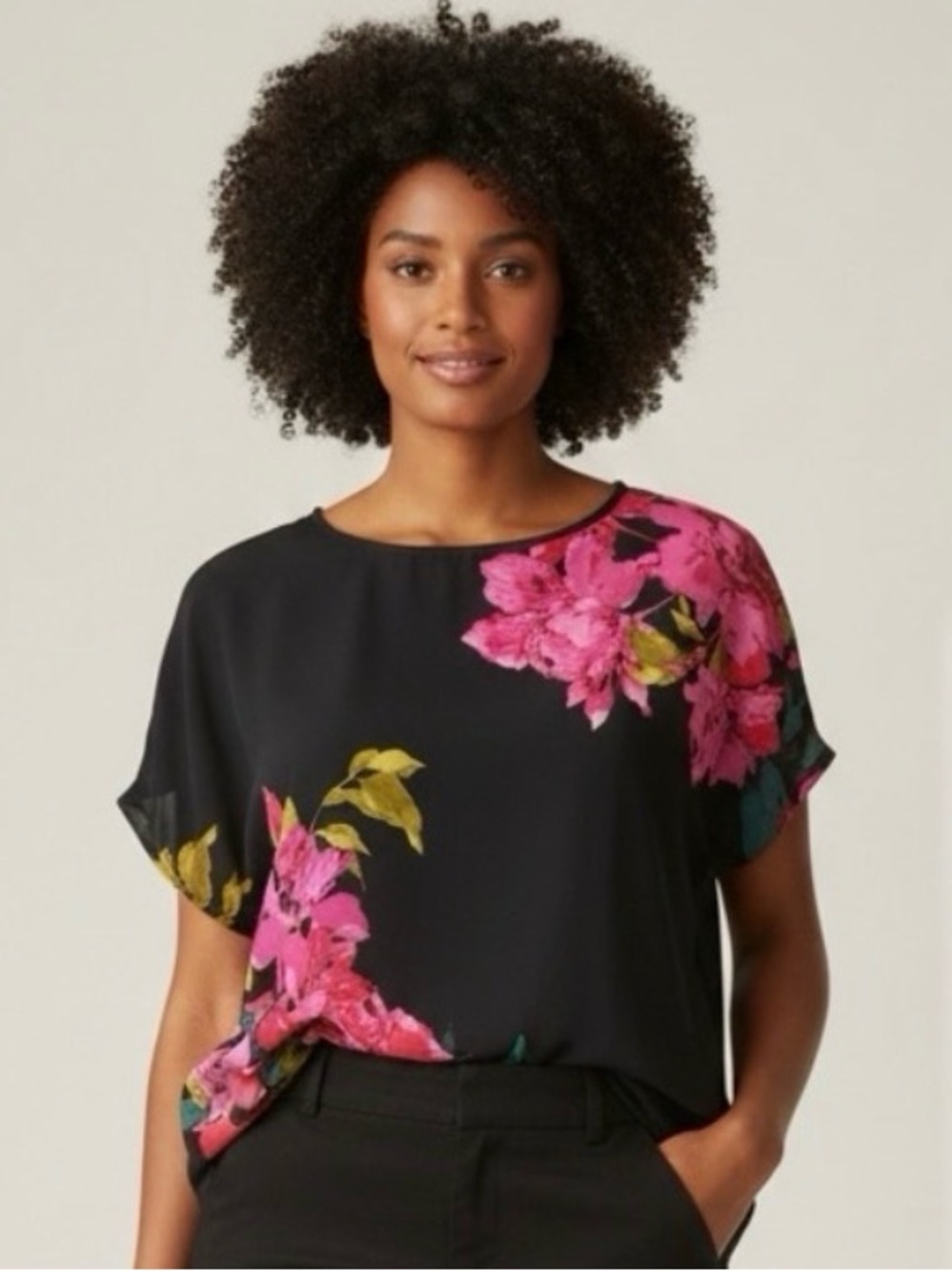 Rafaella Black Floral Short-Sleeve Women's Top - Pink Floral Print L